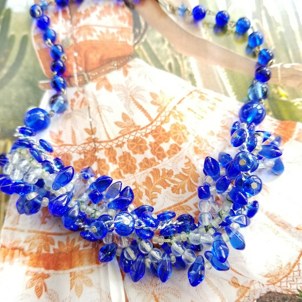 Vintage necklace blue glass choker necklace West Germany
